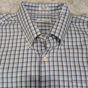Peter Millar Men’s Blue and Brown Plaid Button-Down Shirt